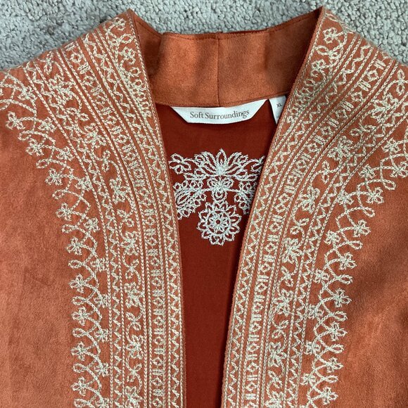 Soft Surroundings Jacket Womens XL Orange Long Embroidered Boho Festival Sueded - Picture 4 of 8
